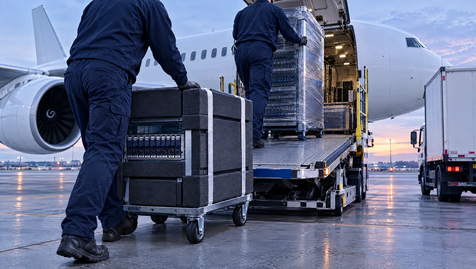 Movers in navy uniforms rolling padded server cases onto a cargo loader beside a cargo plane