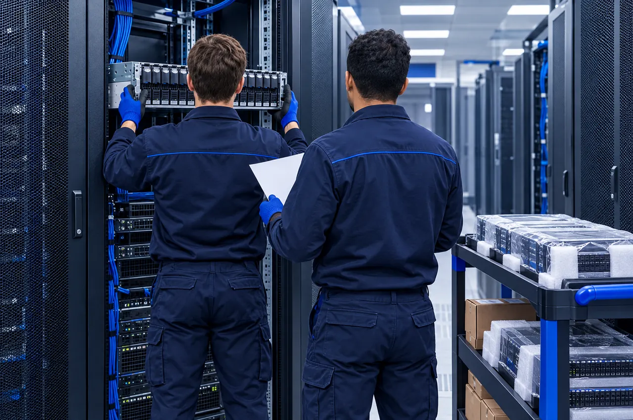 Technicians migrating servers into racks at a new data center